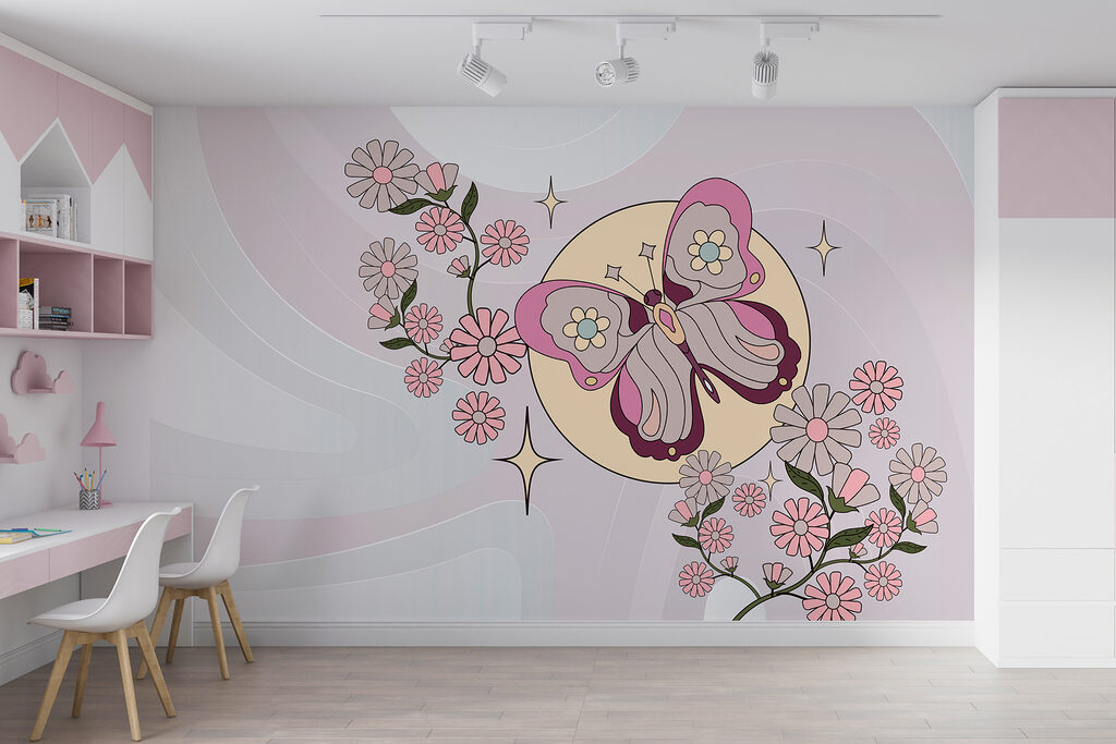 Vlinder boven roze bloemen — interieur 3