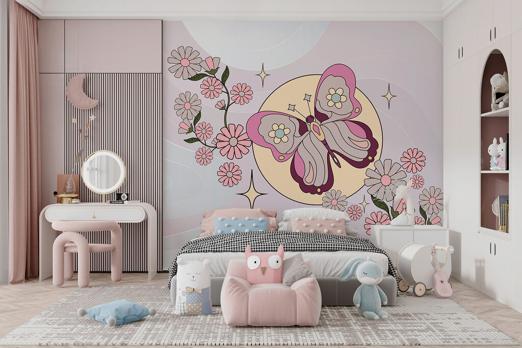 Vlinder boven roze bloemen — interieur 4