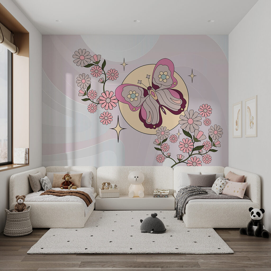 Vlinder boven roze bloemen — interieur 5