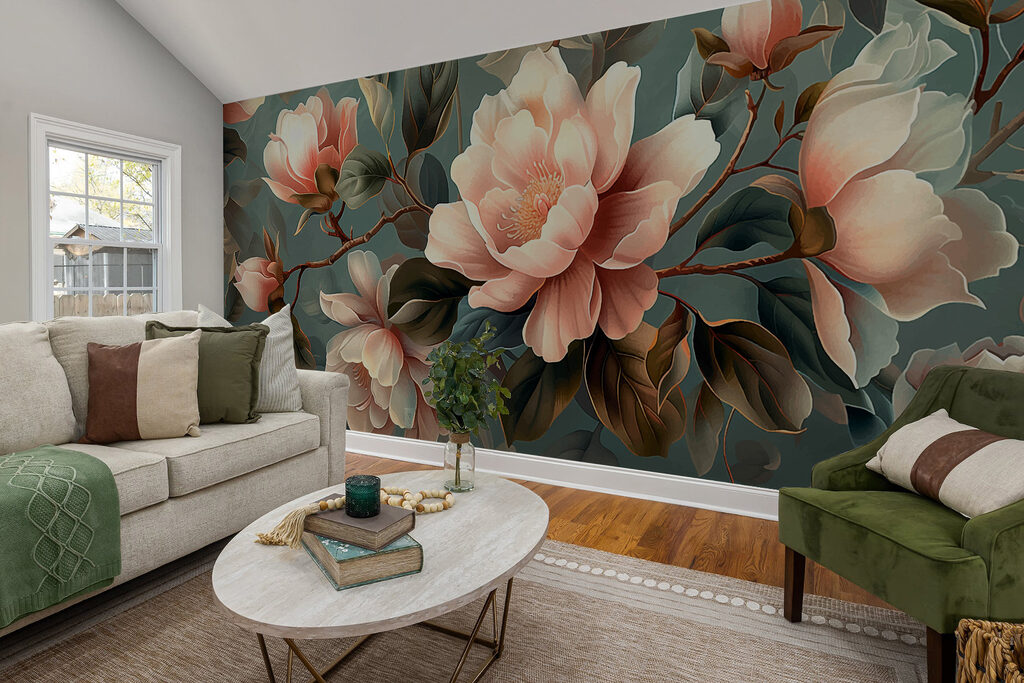Magnoliatakken op gedempt petrol — interieur 1