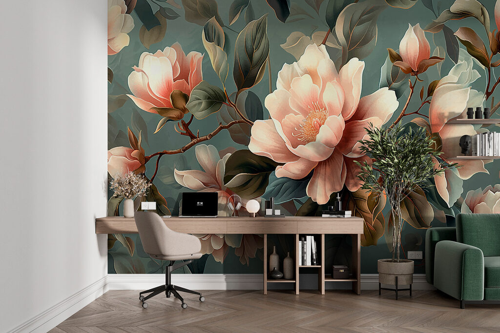 Magnoliatakken op gedempt petrol — interieur 2
