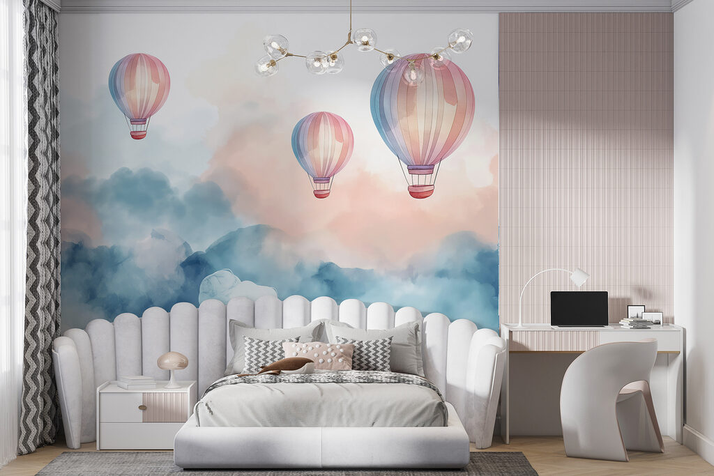 Groep heteluchtballonnen in de lucht in een interieur