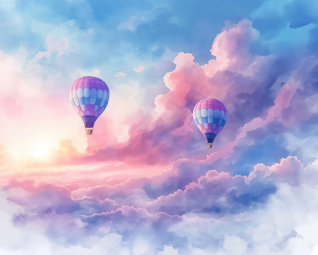 Ballonnen boven roze avondwolken — volledig ontwerp