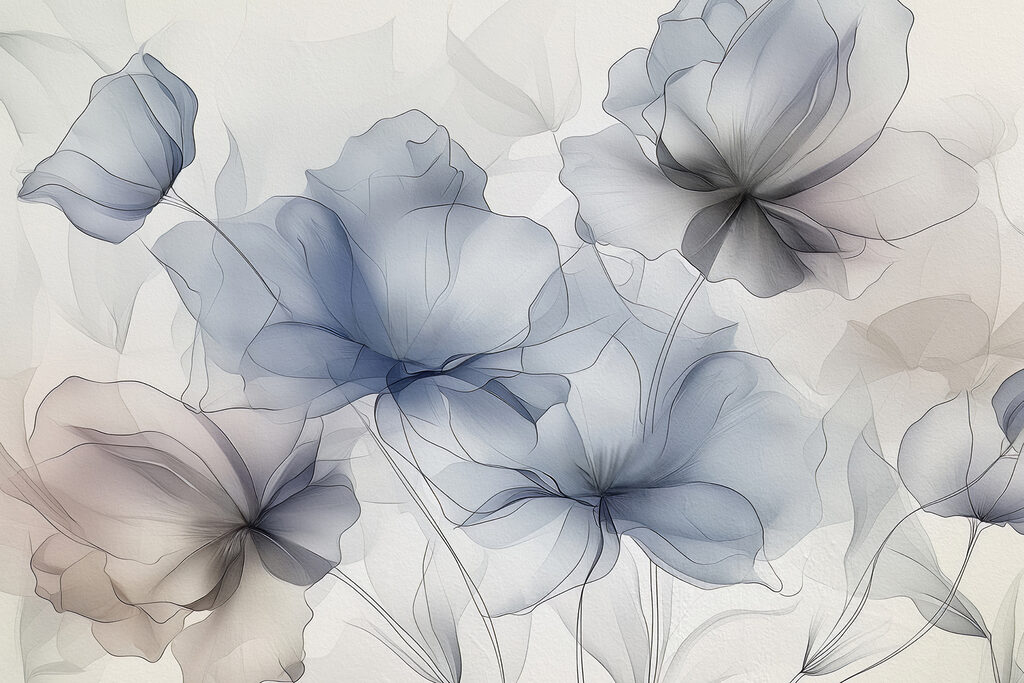 Blauwgrijze bloemen in transparantie — volledig ontwerp