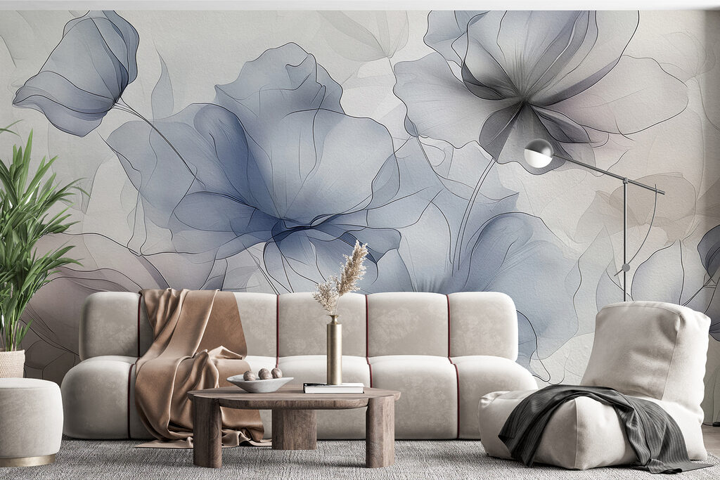 Blauwgrijze bloemen in transparantie — interieur 2