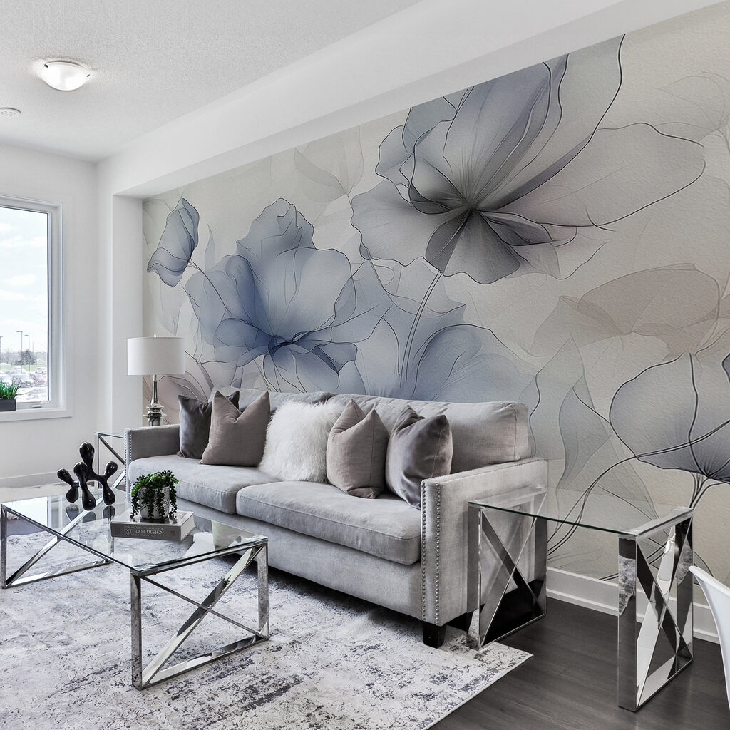 Blauwgrijze bloemen in transparantie — interieur 1