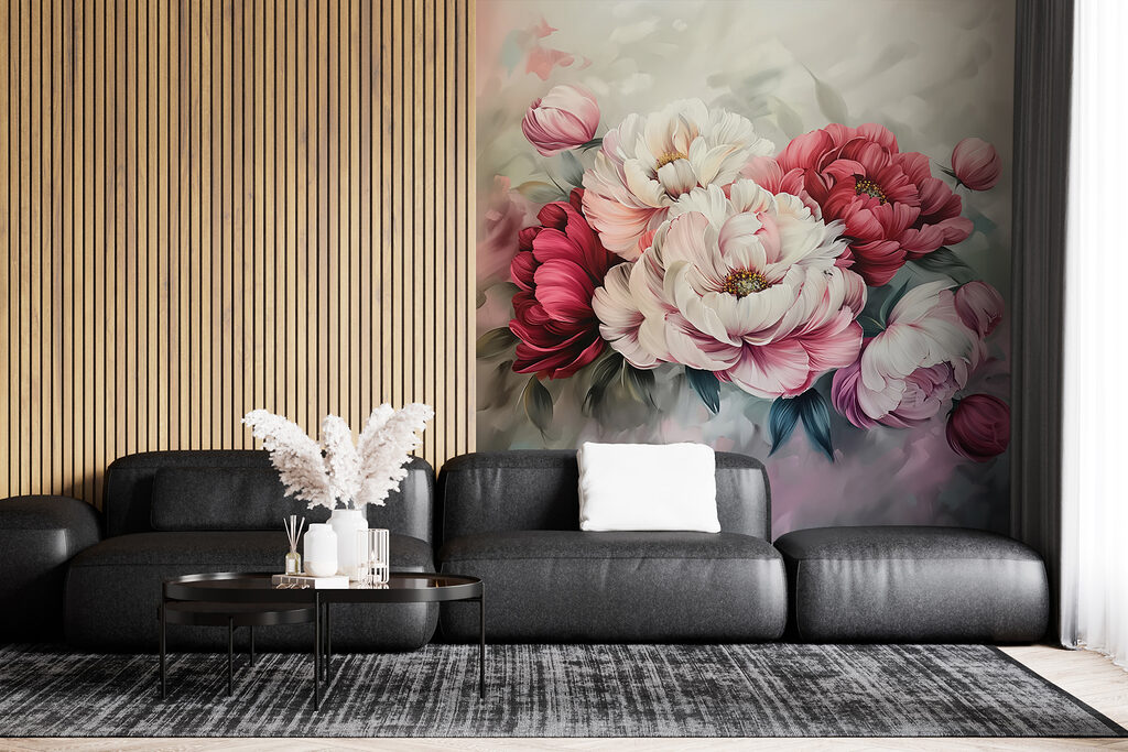 Schilderij van bloemen op een oppervlak in een interieur