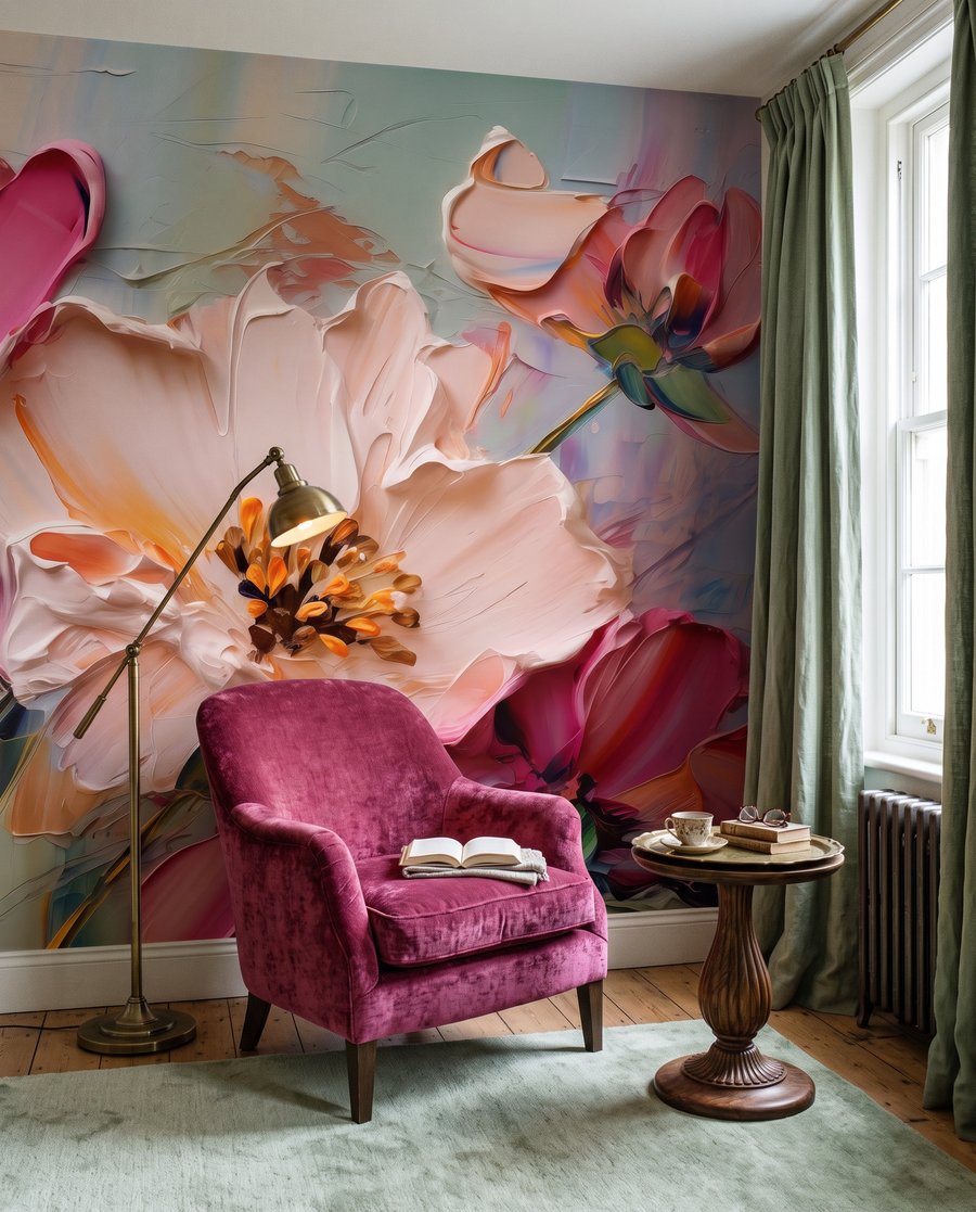 Schilderij van bloemen op een doek in een interieur