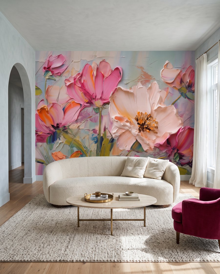 Roze bloemen in verfstreken — interieur 4