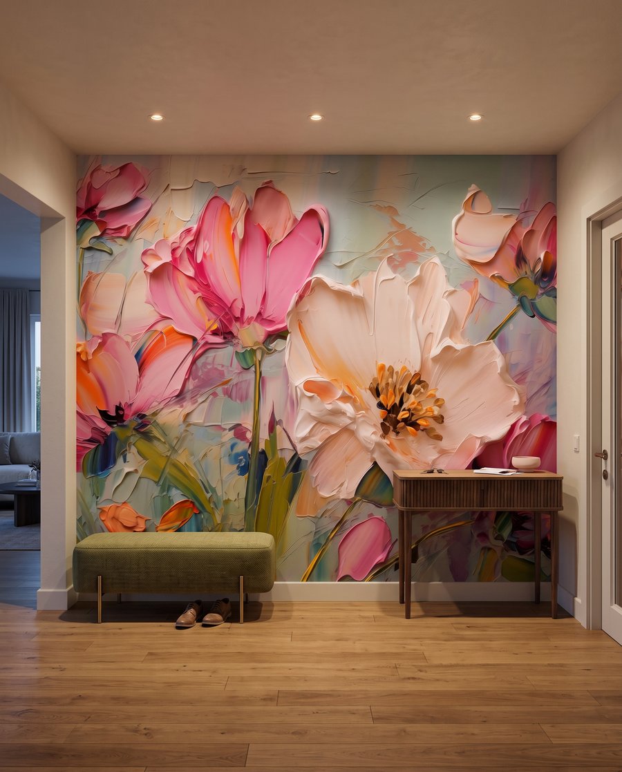 Roze bloemen in verfstreken — interieur 6
