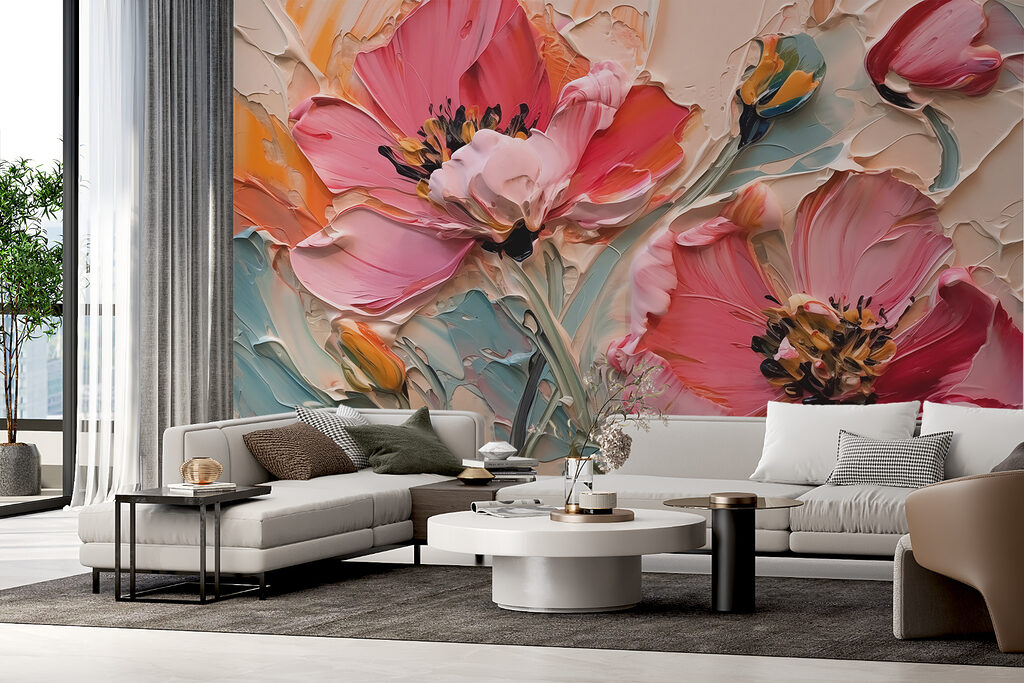 Schilderij van bloemen op een doek in een interieur