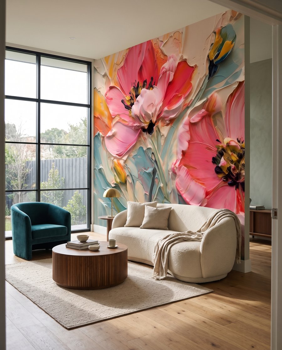 Koraalroze bloemen vol kleur in een interieur