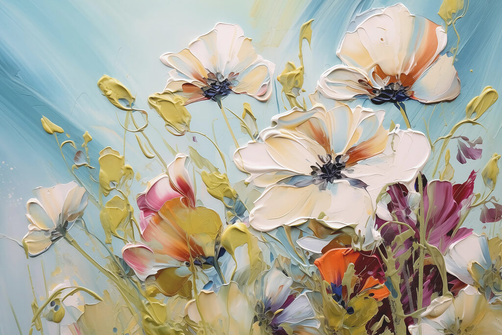 Witte bloemen tegen hemelsblauw — volledig ontwerp