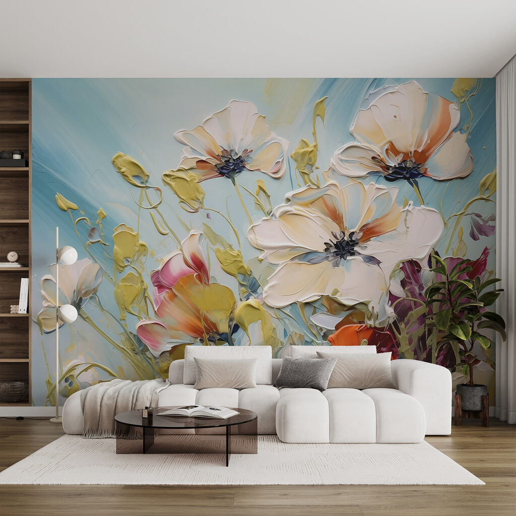 Schilderij van bloemen op een blauwe achtergrond in een interieur