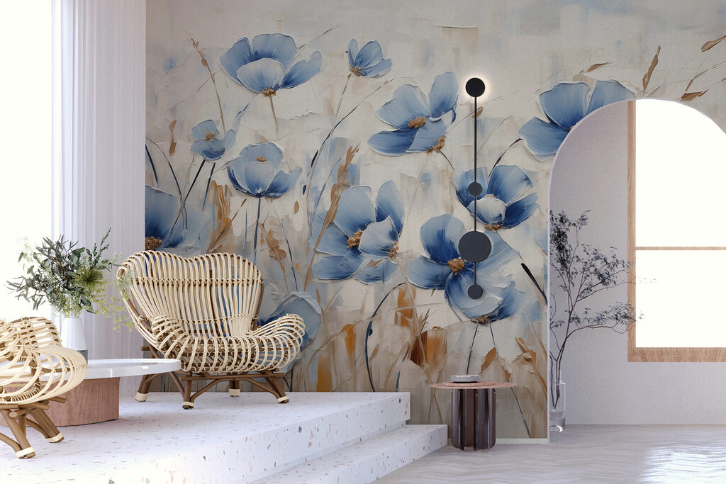 Schilderij van blauwe bloemen in een interieur