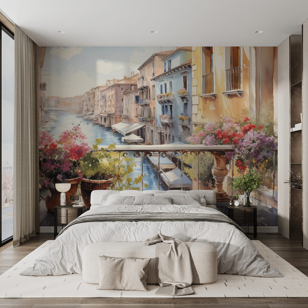 Aquarel van een rivier met een rij gebouwen en bloemen op een balkon in een interieur