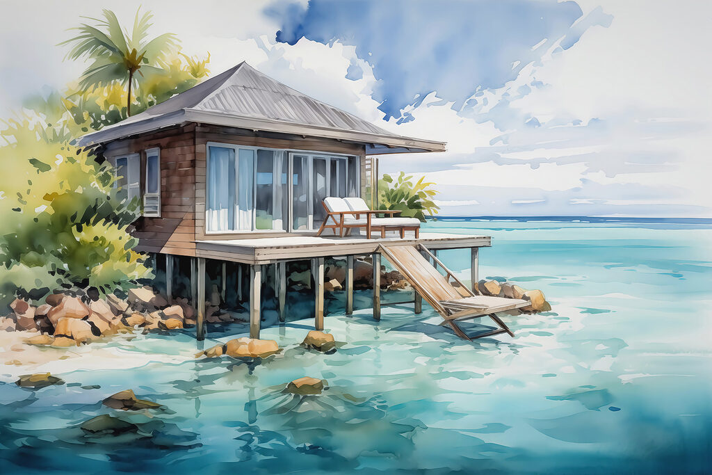 Strandhuisje boven turquoise water — volledig ontwerp