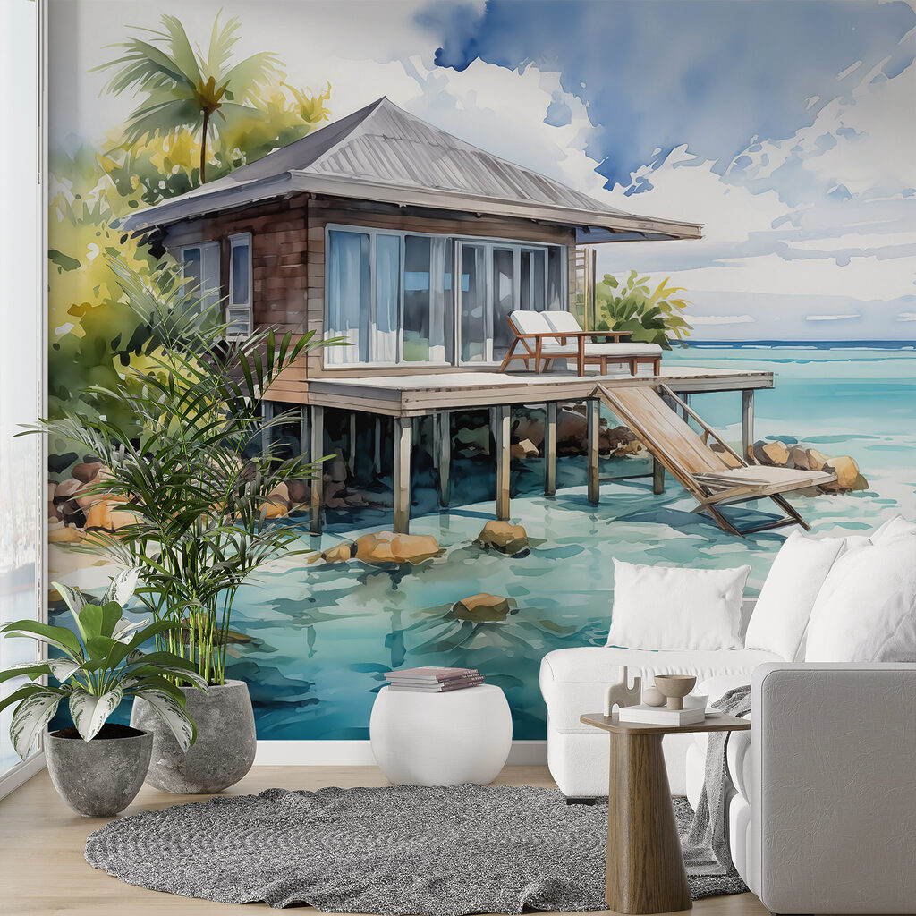Strandhuisje boven turquoise water — interieur 1