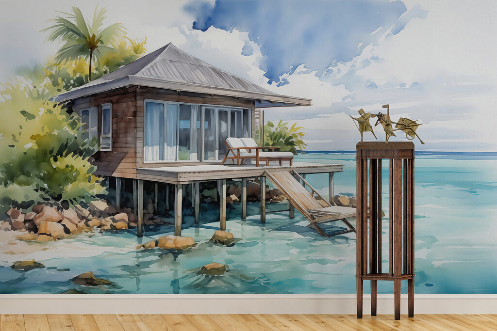 Strandhuisje boven turquoise water — interieur 2