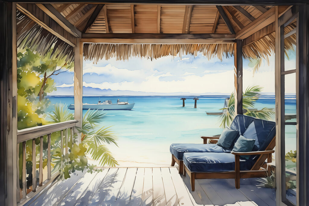Veranda aan turquoise water — volledig ontwerp