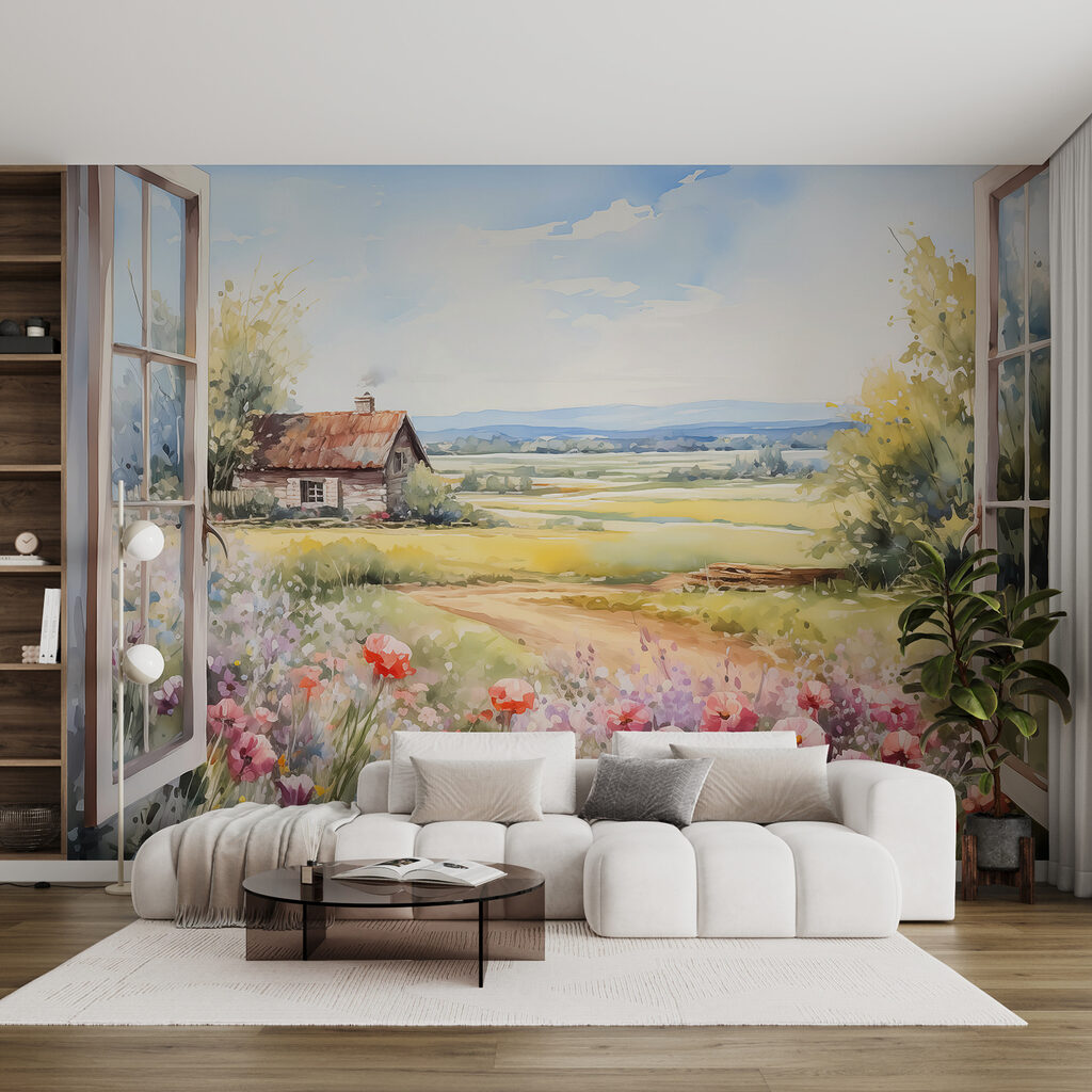 Schilderij van een huis en bloemen in een interieur
