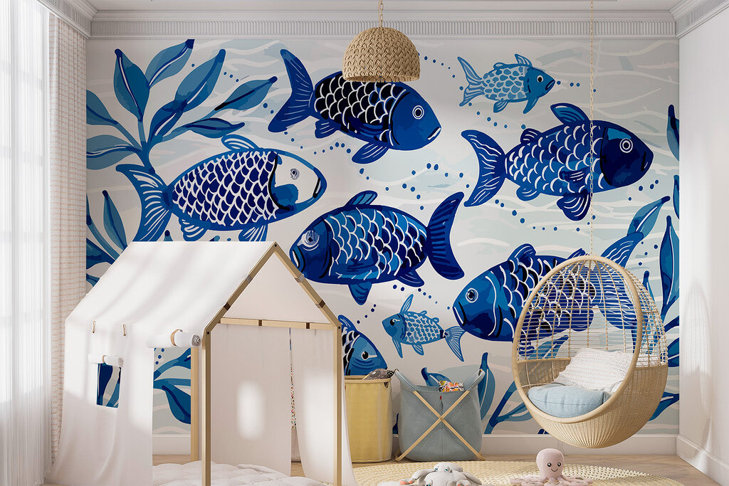 Blauwe vissen tussen zeeblaadjes — interieur 1