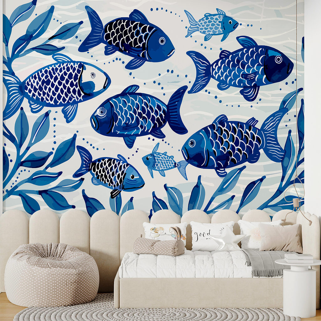Blauwe vissen tussen zeeblaadjes — interieur 2