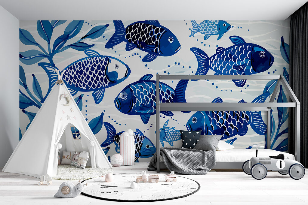 Blauwe vissen tussen zeeblaadjes — interieur 3