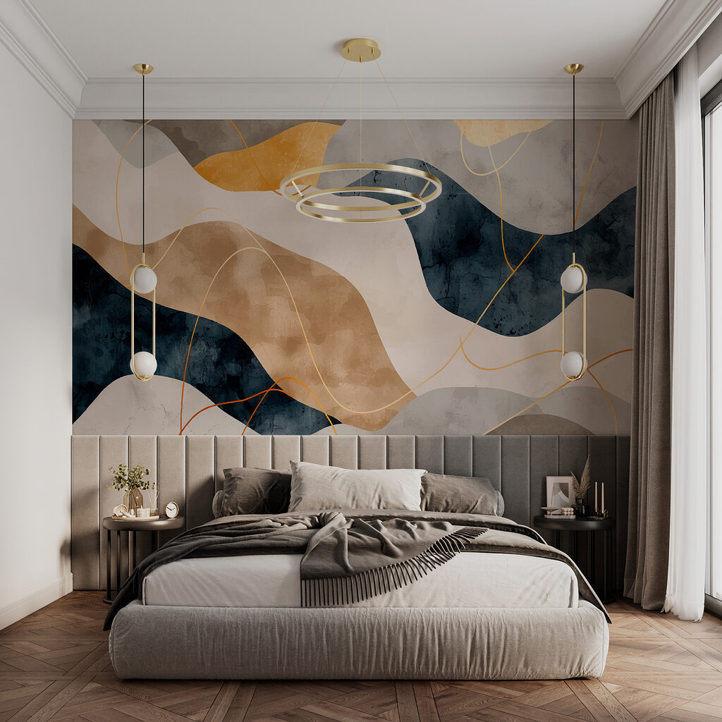Blauwe aardebanen met goudlijnen — interieur 1