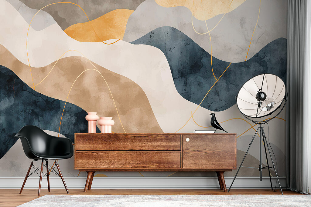Blauwe aardebanen met goudlijnen — interieur 2