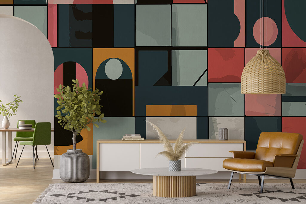 Kleurrijk patroon met verschillende vormen in een interieur