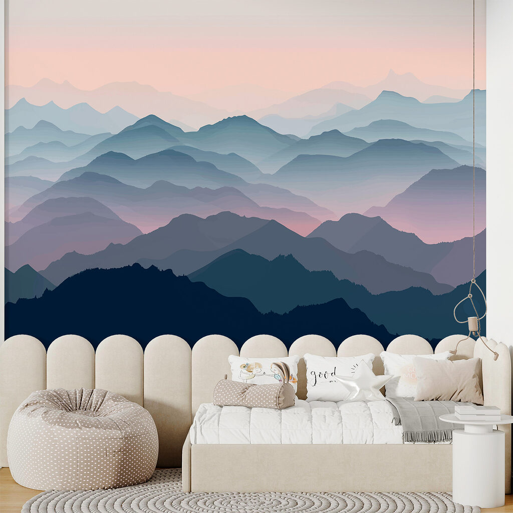 Landschap van bergen met mist in een interieur