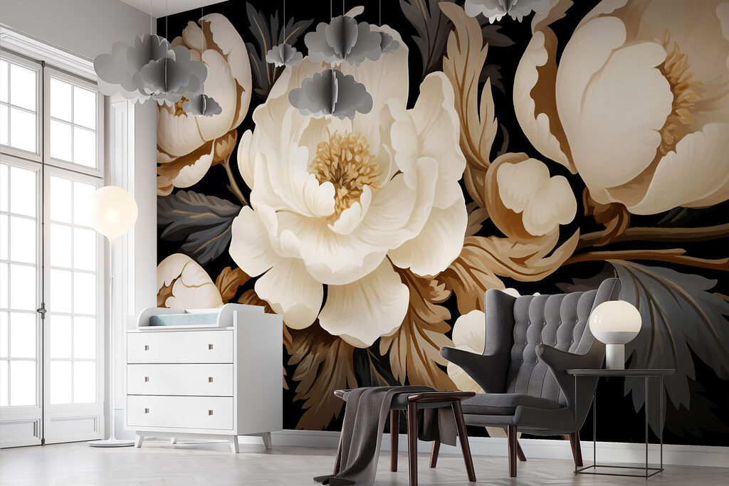 Roomwitte pioenen op nachtzwart — interieur 3