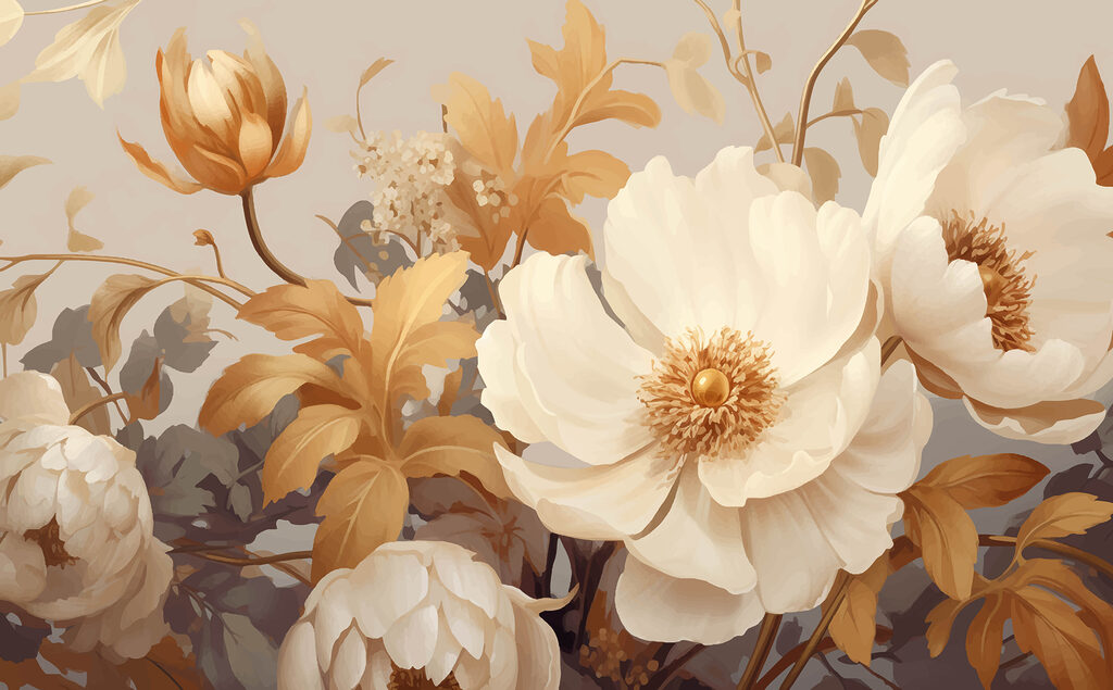 Grote bloemen tussen okerbladeren — volledig ontwerp