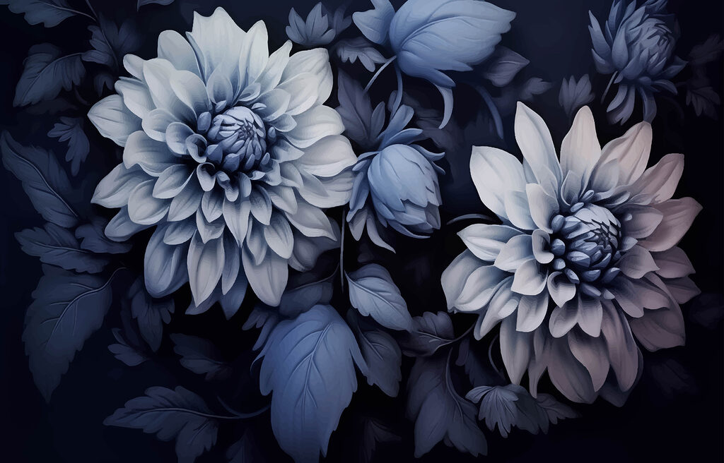 Blauwe dahlia's op nachtblauw — volledig ontwerp
