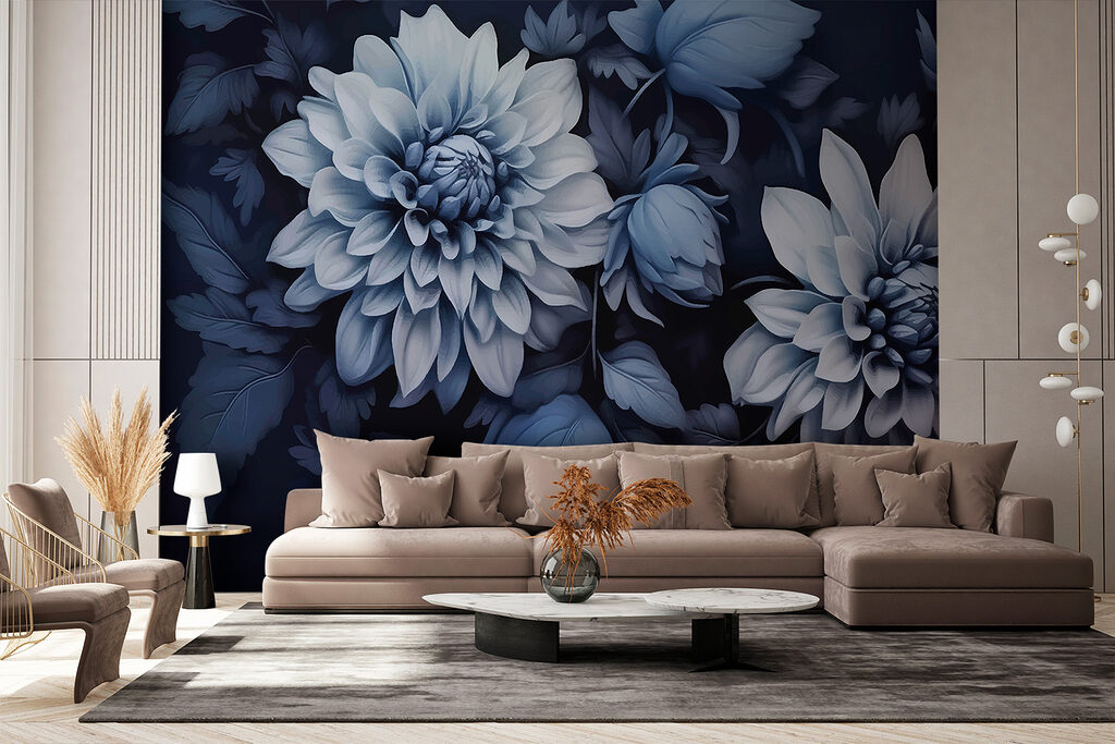 Blauwe dahlia's op nachtblauw — interieur 1