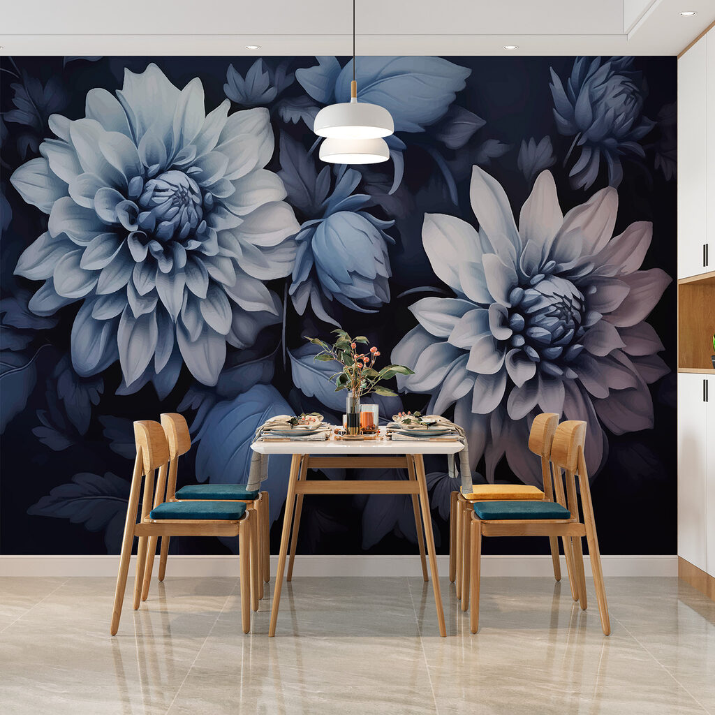 Blauwe dahlia's op nachtblauw — interieur 2