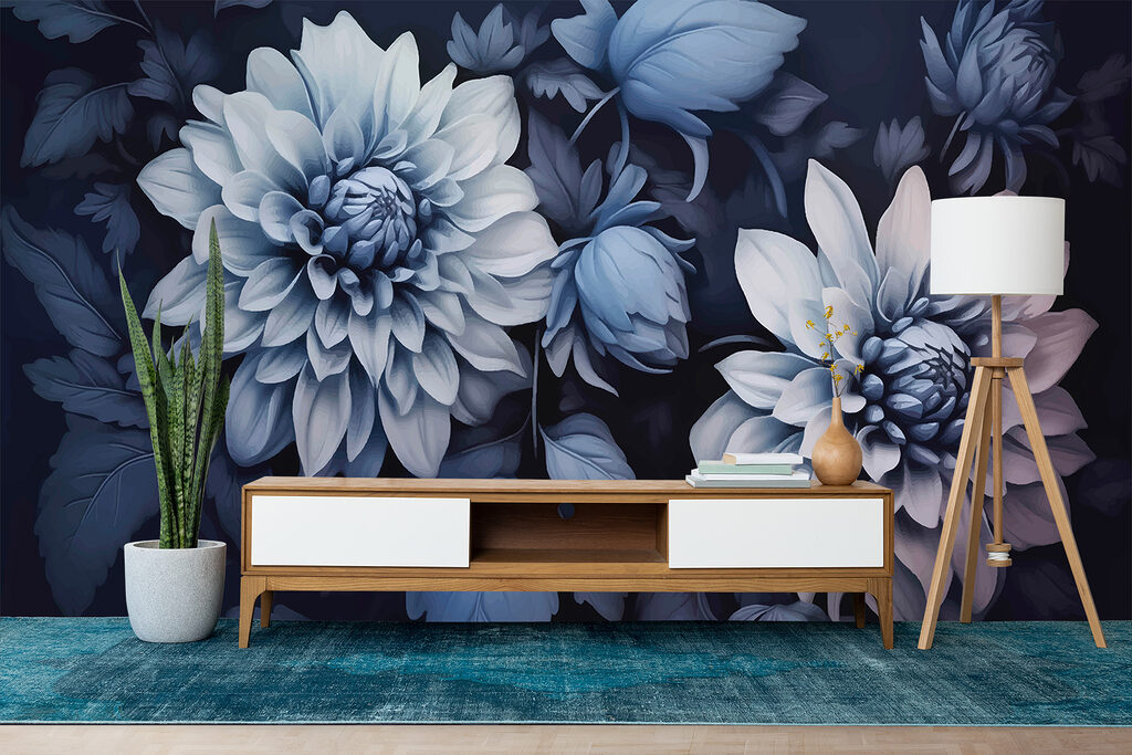 Blauwe dahlia's op nachtblauw — interieur 3