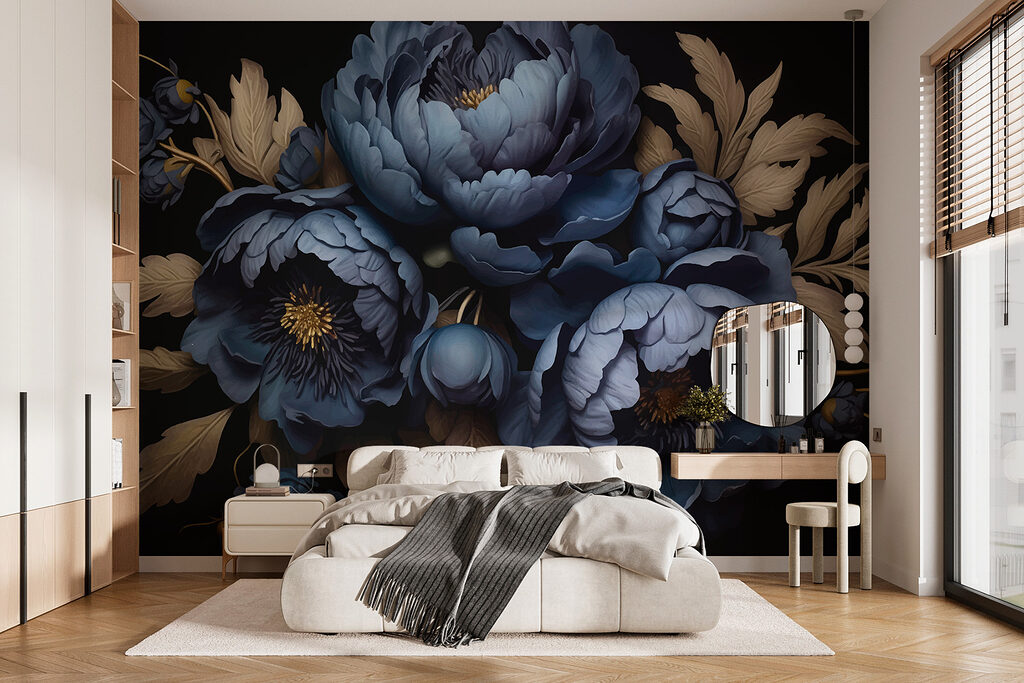 Donkerblauwe pioenen, gouden bladeren — interieur 1