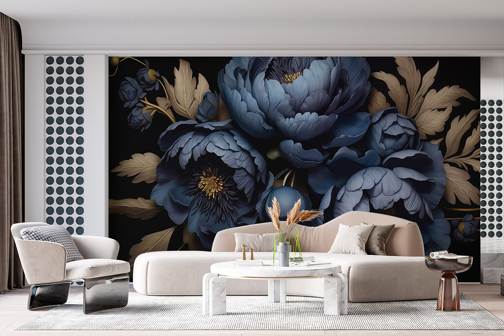 Donkerblauwe pioenen, gouden bladeren — interieur 2