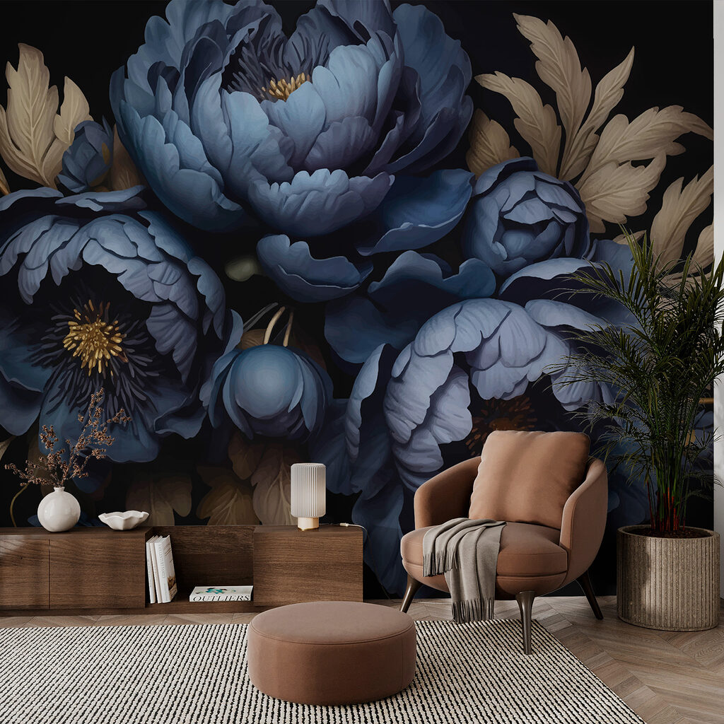 Donkerblauwe pioenen, gouden bladeren — interieur 3