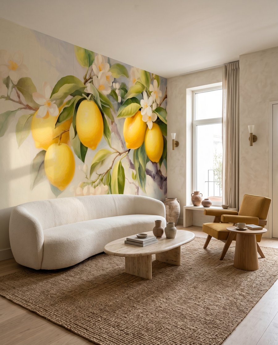 Citroenen met witte bloesem in een interieur