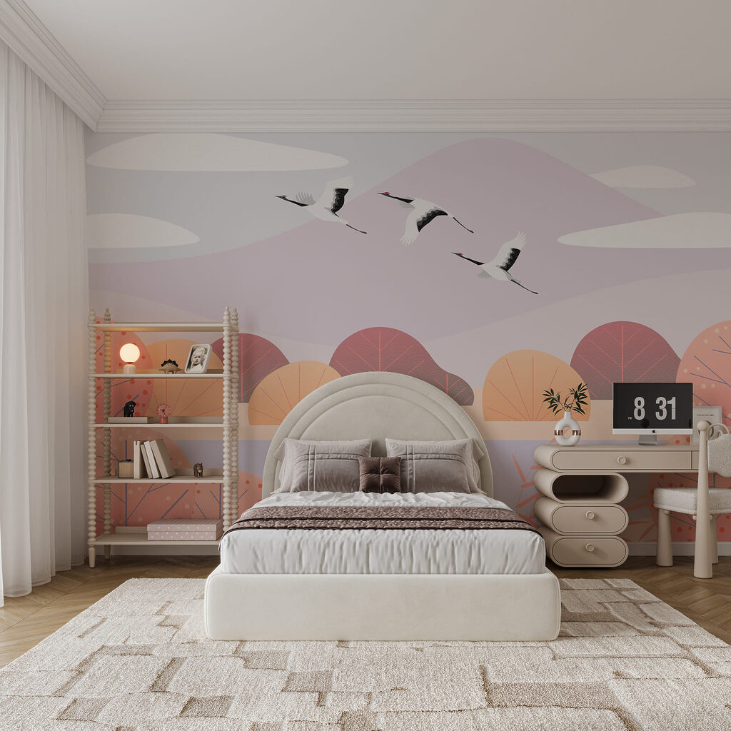 Kraanvogels boven ronde pastelbomen — interieur 1