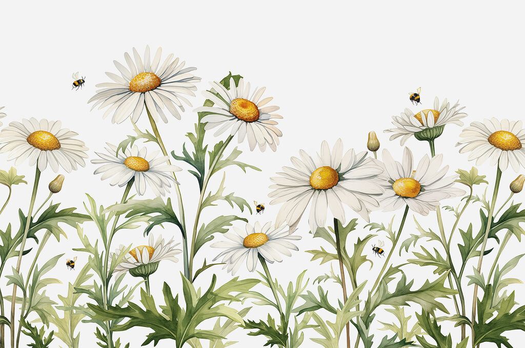 Margrieten vol zoemend leven — volledig ontwerp