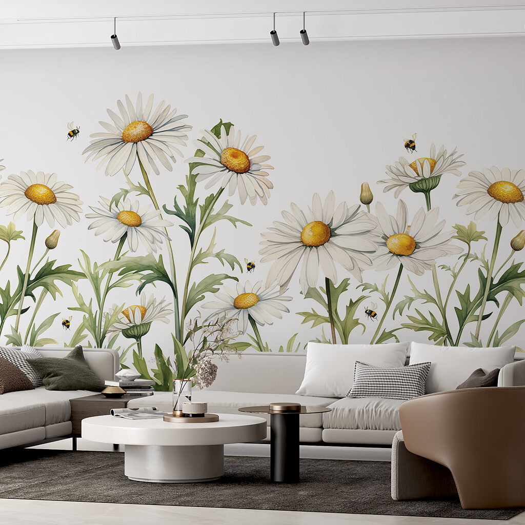 Een groep witte bloemen met een geel hart en groene bladeren in een interieur