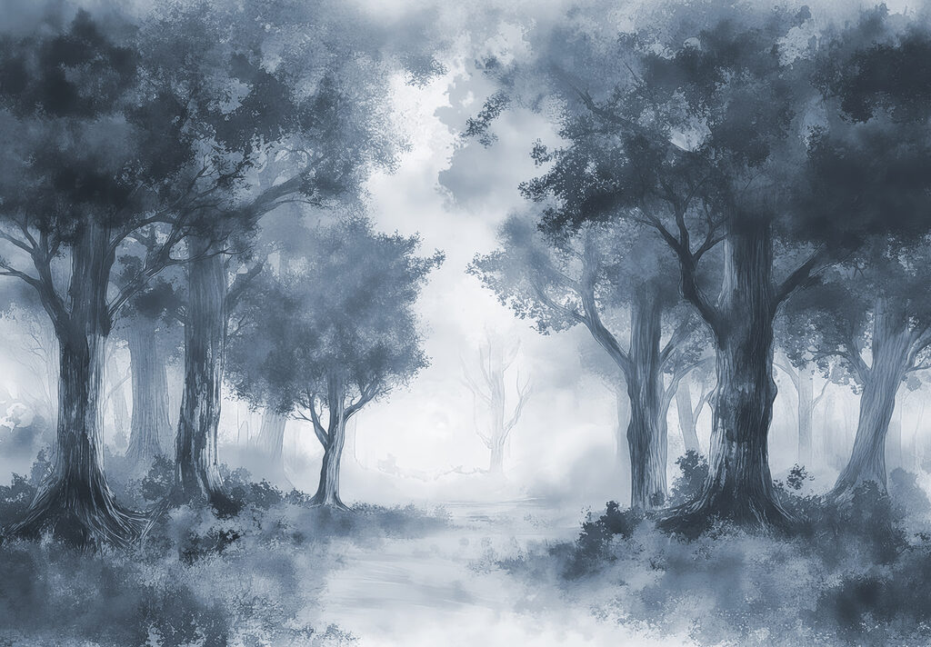 Een mistig bos met bomen en struiken — volledig ontwerp