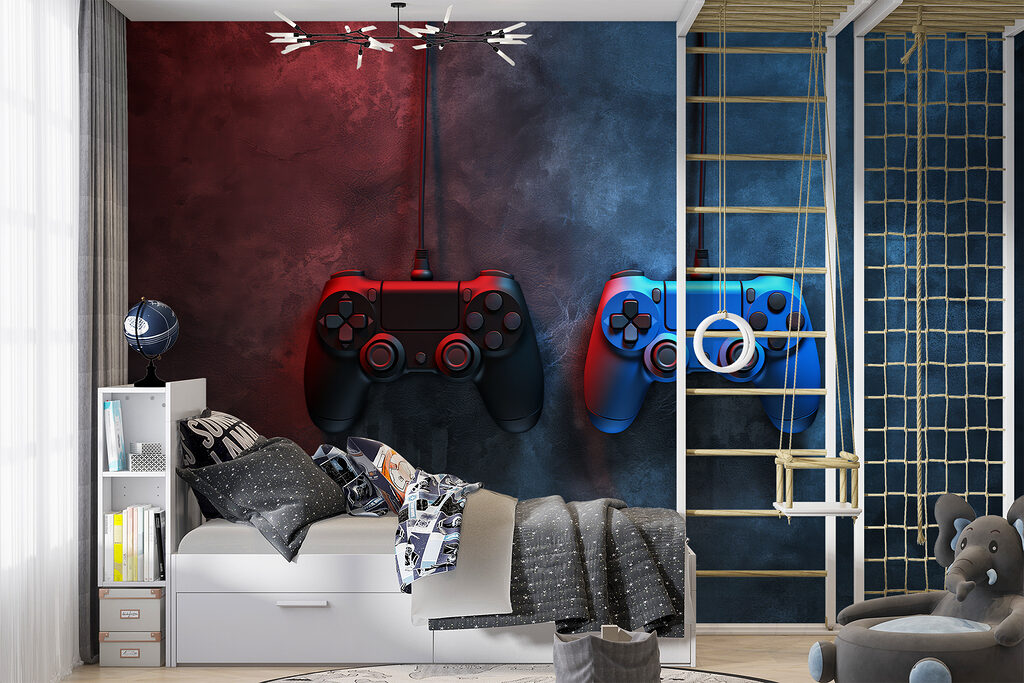 Een blauwe en rode videogamecontroller in een interieur