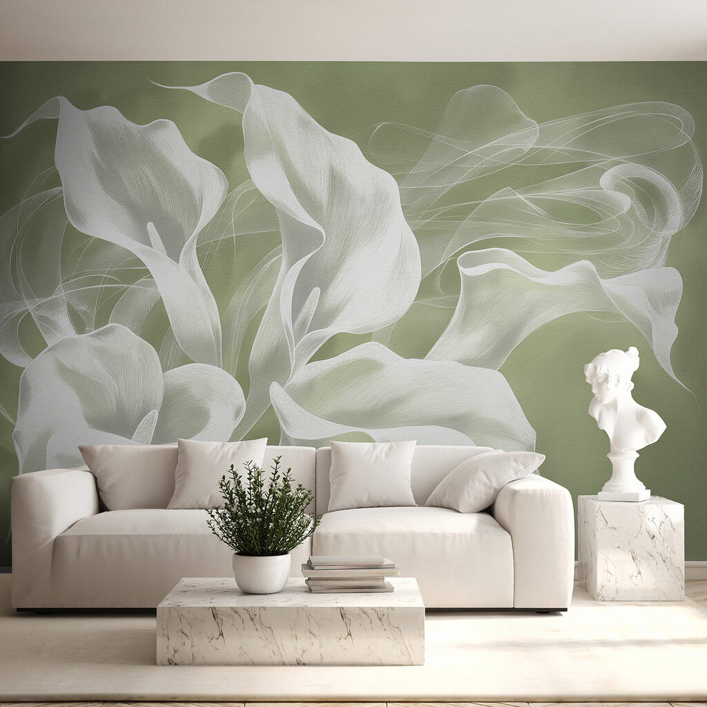 Elegante witte bloemen op zachtgroen in een interieur
