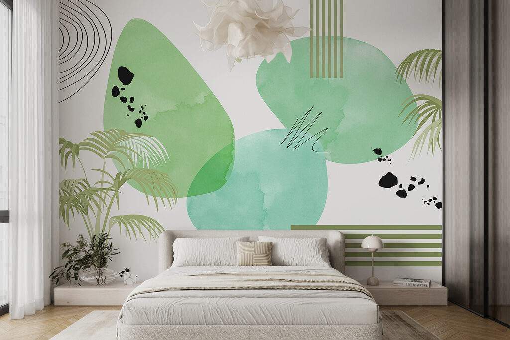 Een groen met zwarte kunst in een interieur