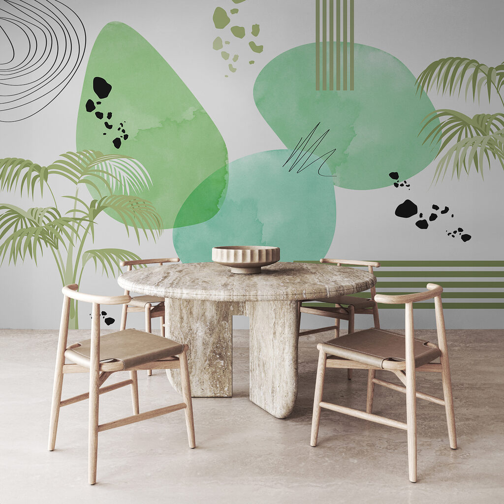 Palmen naast losse kleurvormen — interieur 2